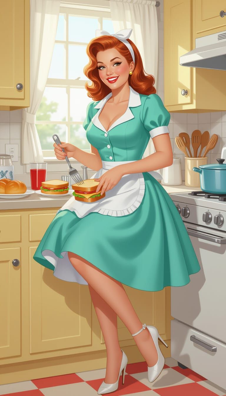 Redhead Tradwife in 1950s Dress Makes Breakfast
