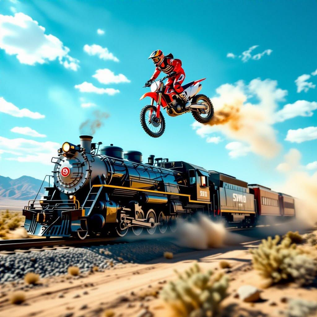 Stunt Rider Soars Over SD70 Locomotive in Desert