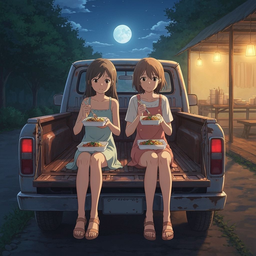Girls Enjoy Stir-Fry Under Moonlight in Anime Art Style