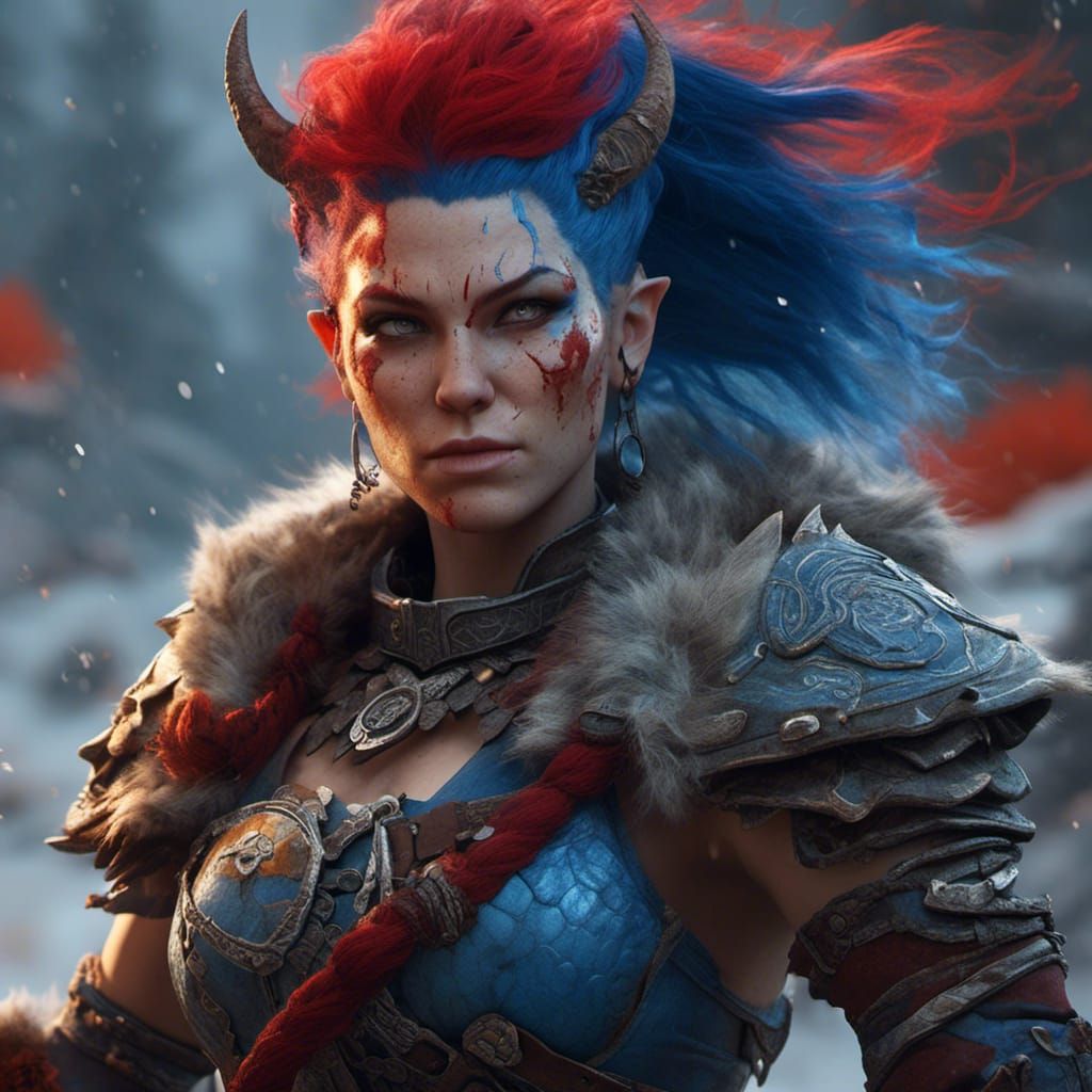 Tiefling Barbarian with Red Skin and Blue Hair