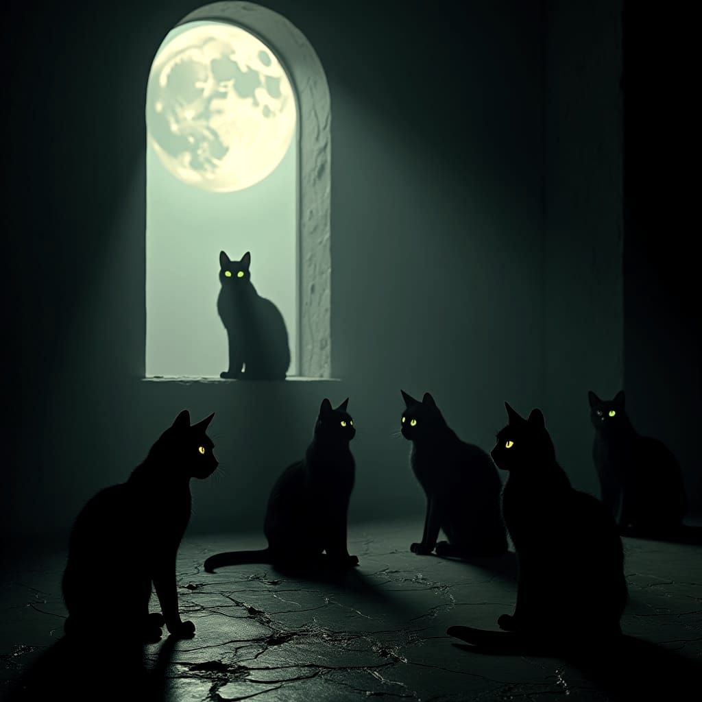 Black Cats in Moonlight: Detailed Fantasy Concept Art