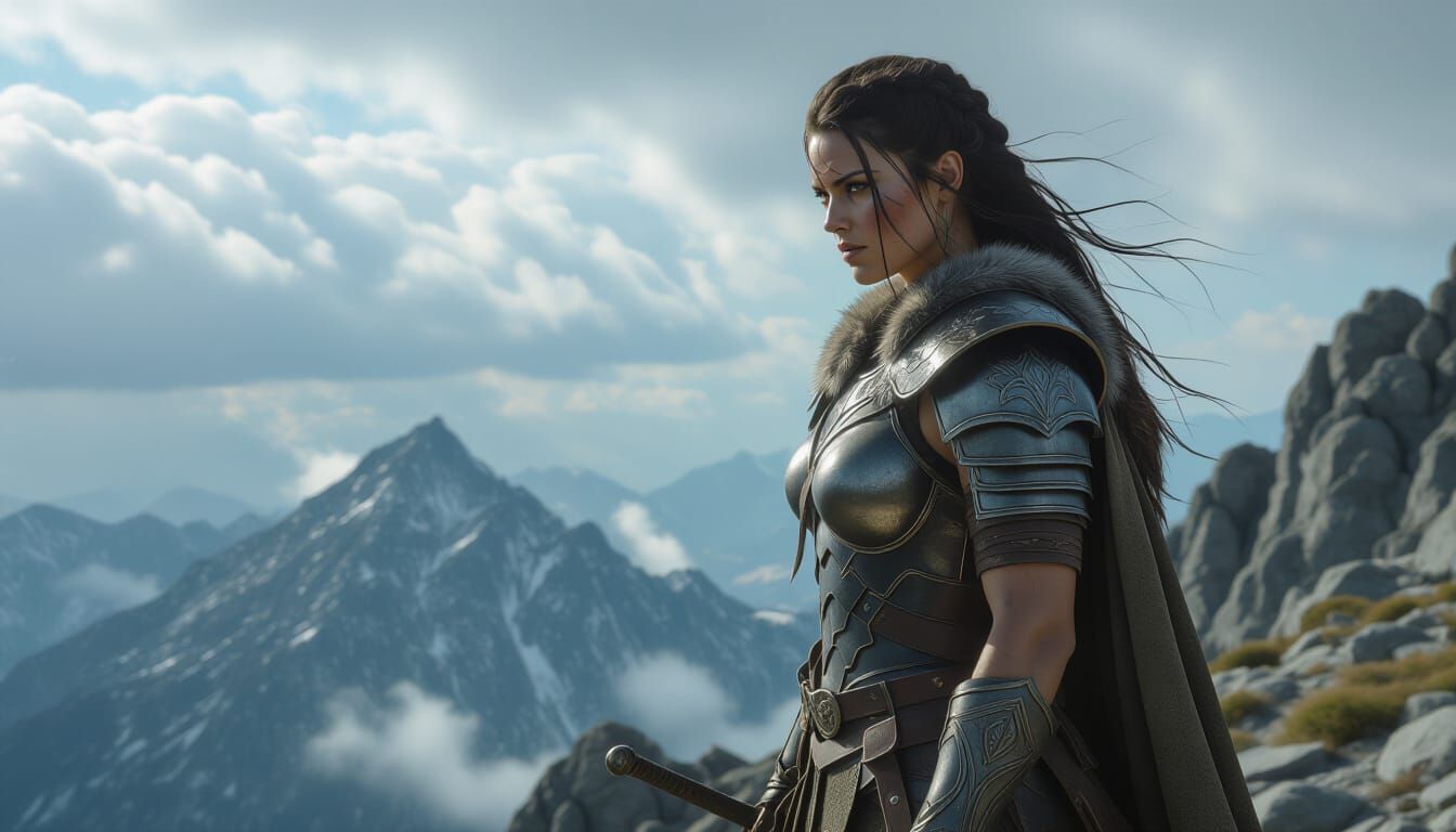 Barbarian Woman on Windswept Peak in Dark Fantasy Style