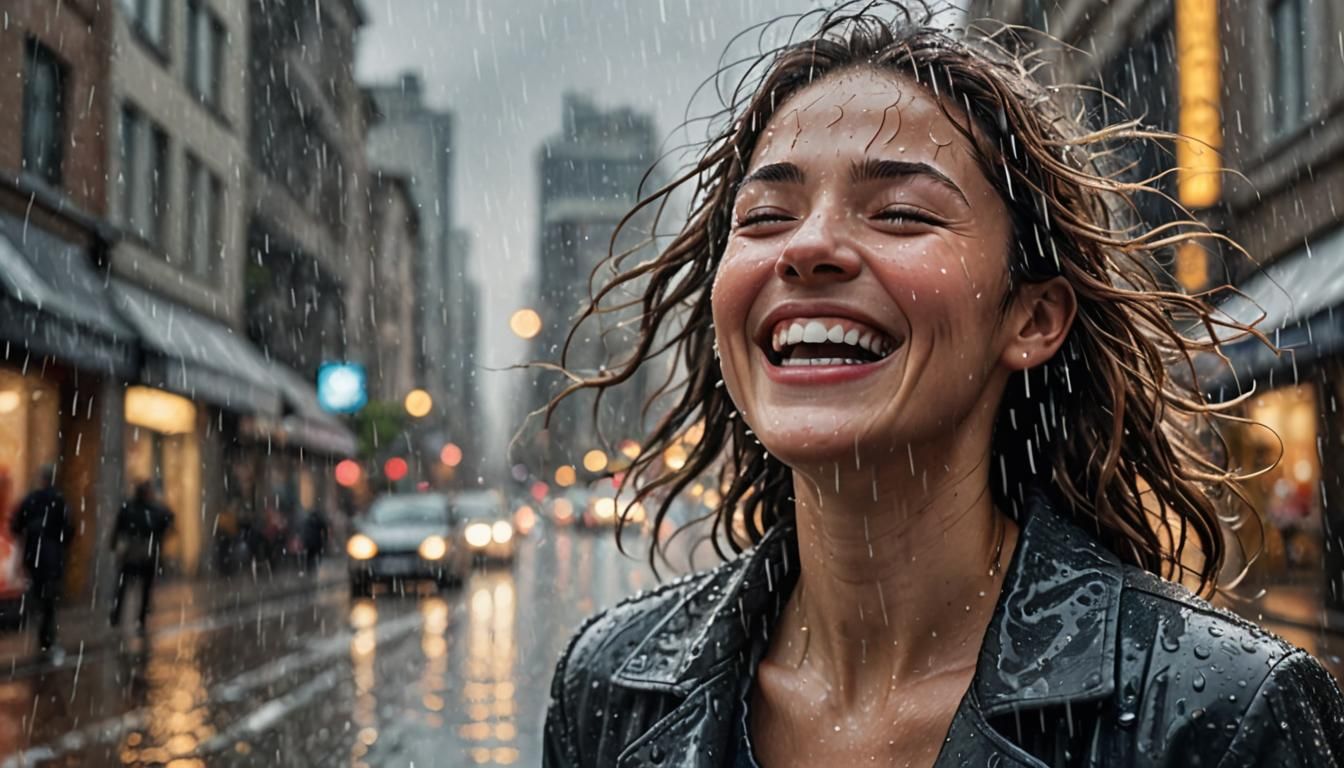 Woman Laughing in Rain, Hyperrealistic Grayscale Image