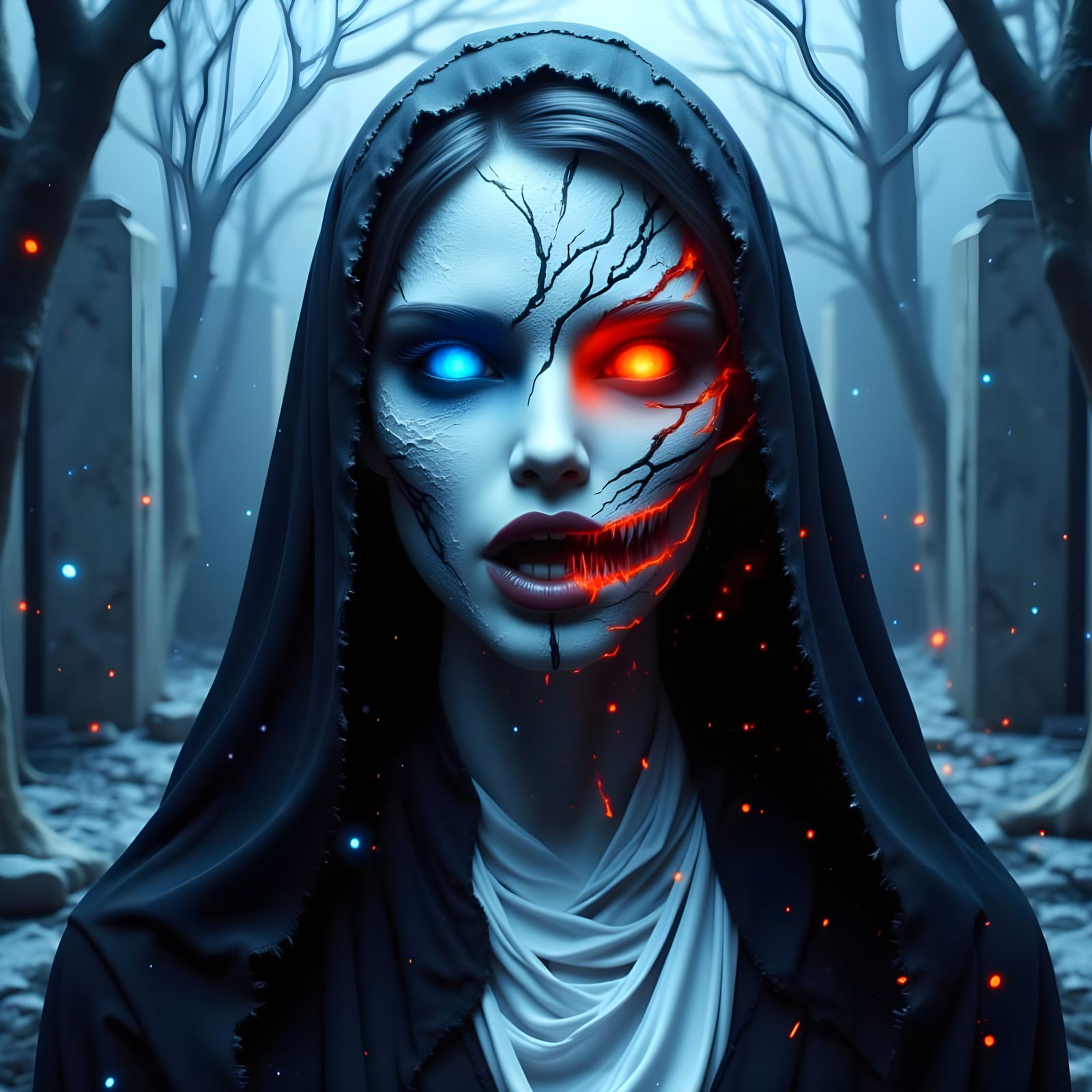 Luminescent Zombie Nun in Gothic Graveyard Scene