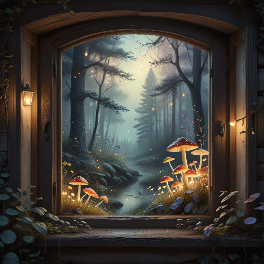 Enchanted Forest View Through Cottage Window