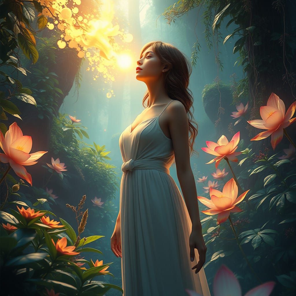 Dreamy Fantasy Scene with Serene Woman and Lush Flora