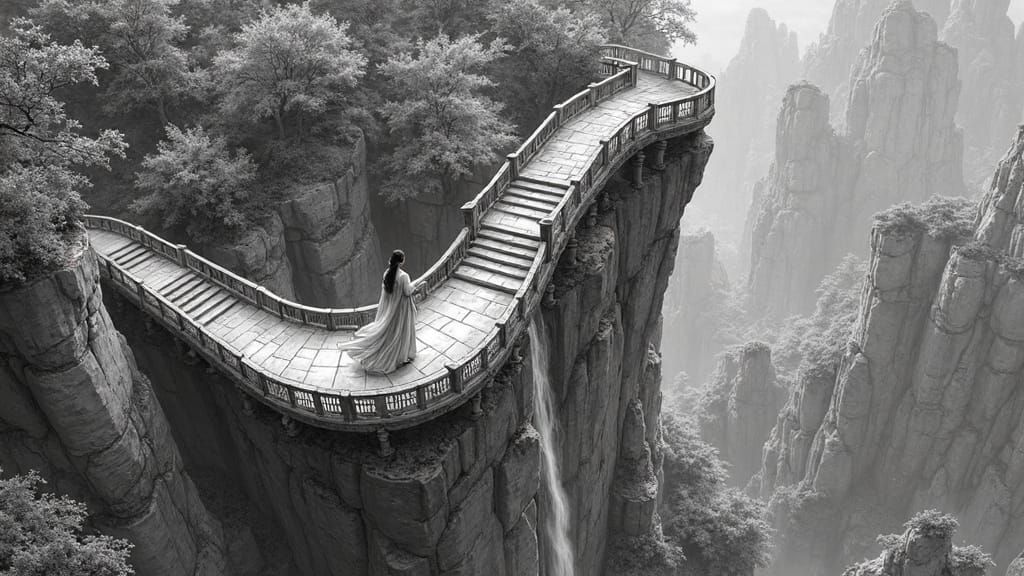 Ancient Chinese Woman on Cliffside Stairway: Manga Style