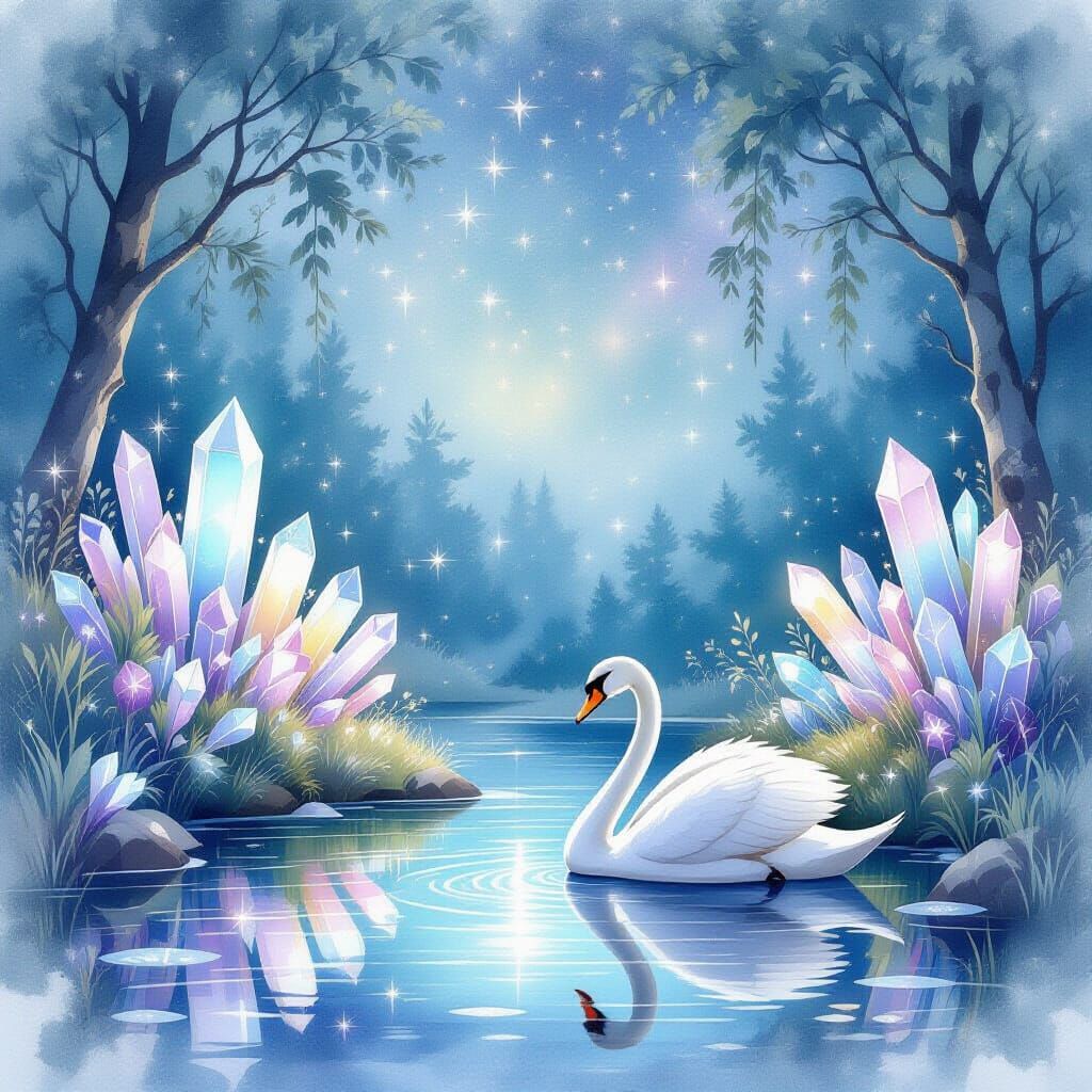 Serene Glade with Crystal Flowers and Swan in Twilight