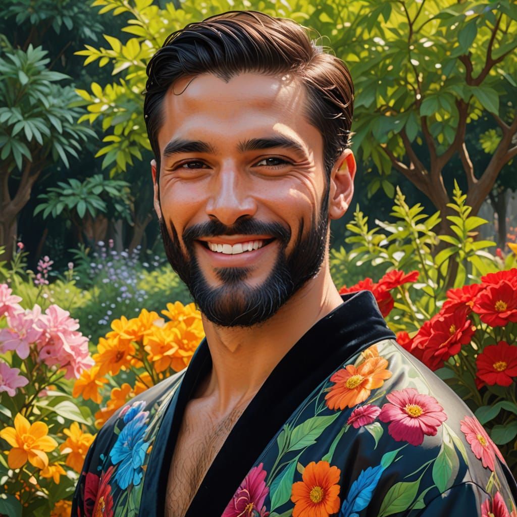 Smiling Bearded Man in Red Bathrobe: Gouache Style