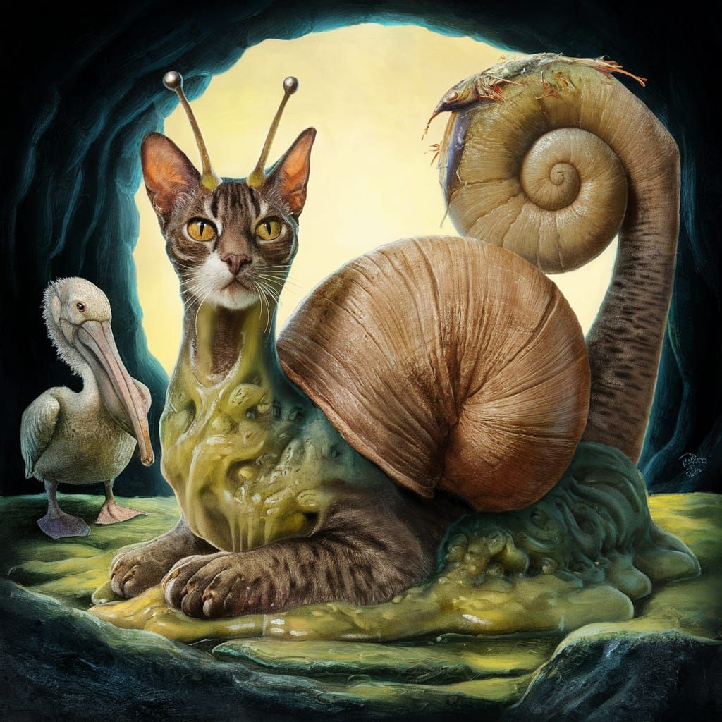 Surreal Sphinx Snail Hybrid in Dürer-Style Painting
