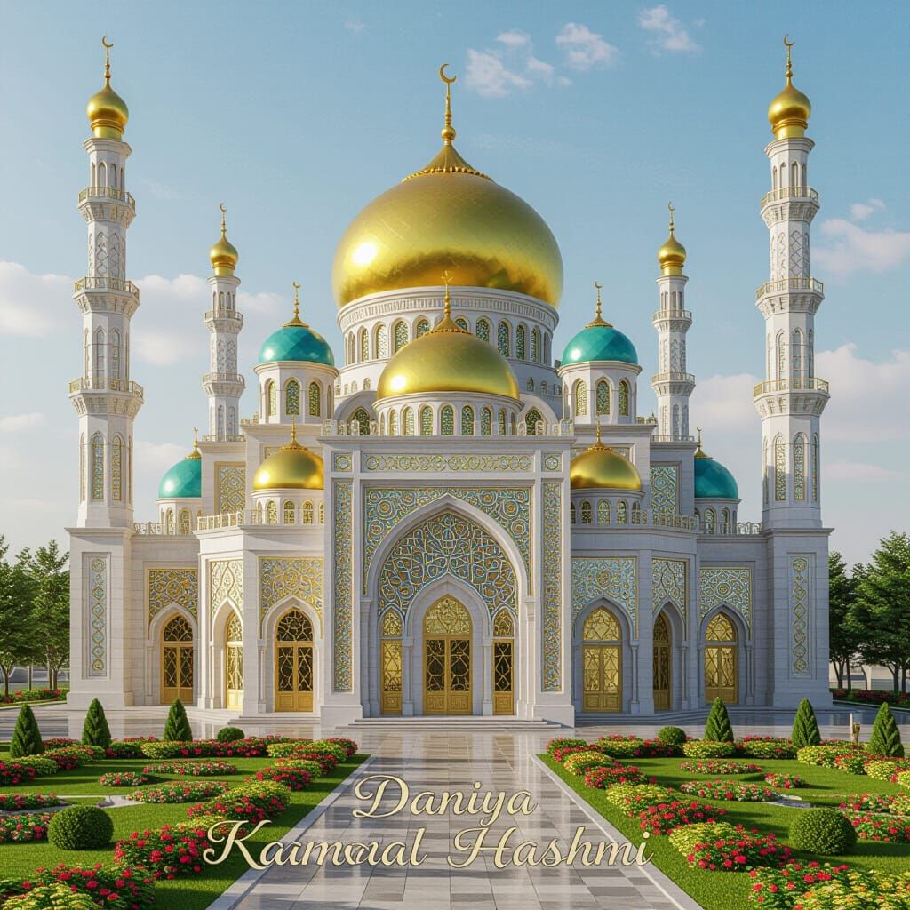 Magnificent Mosque with Arabic Art and Gold Accents