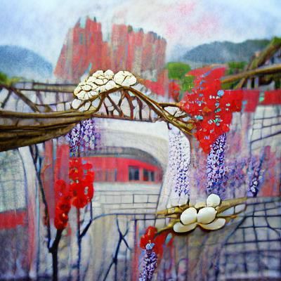 Wisteria and Red Bridge: Art Deco Digital Painting
