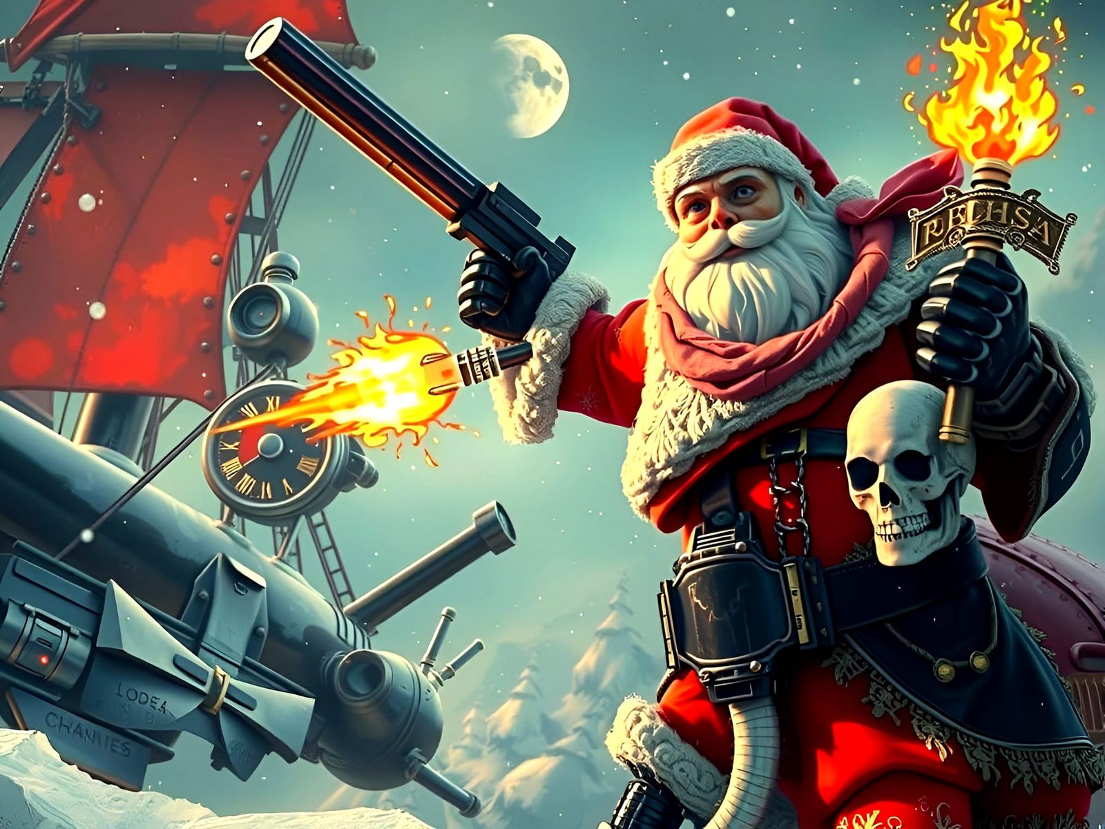Cyberpunk Robot Pirate Battles Evil Santa Claus in Vivid Det...
