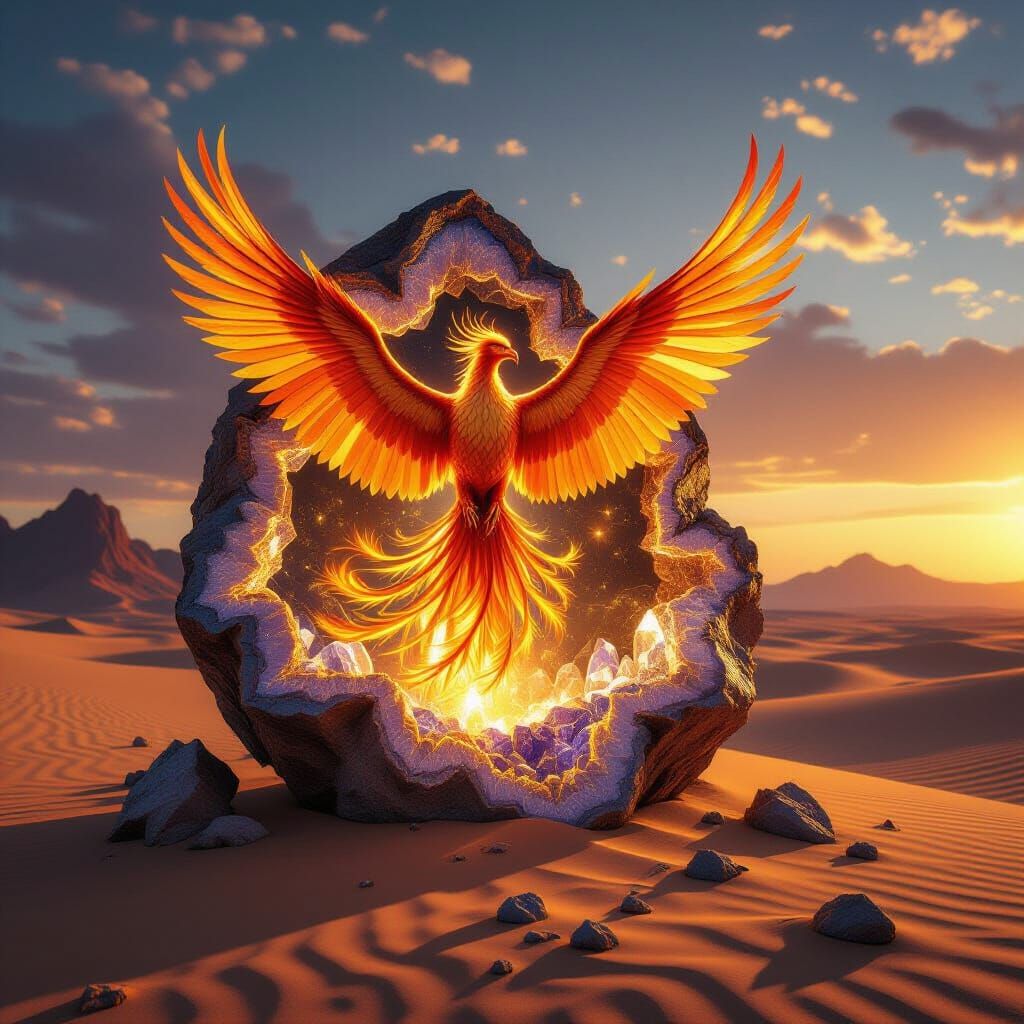 Phoenix Rises from Glowing Geode in Desert