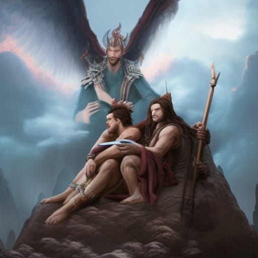 God and Satan Watch Angels and Demons Fight