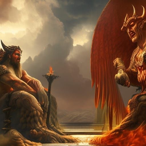 God and Satan Watch Angels and Demons Fight