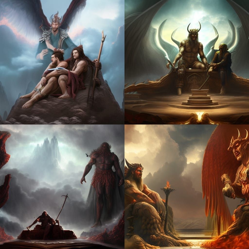 God and Satan Watch Angels and Demons Fight