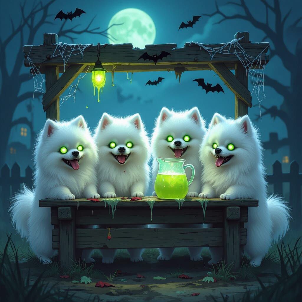 Zombie Pomeranians Host Slime Stand Under Haunted Moonlight