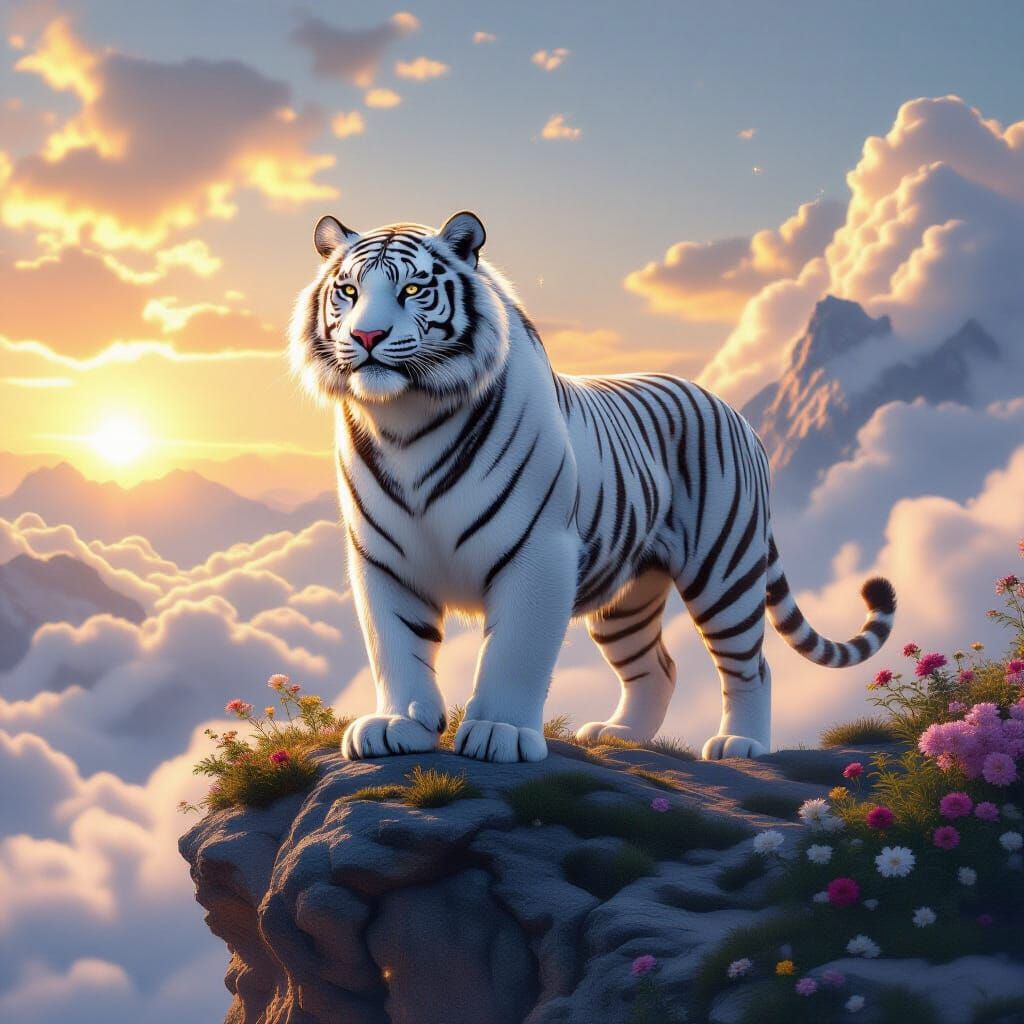 White Tiger Majesty on Misty Mountain at Sunrise
