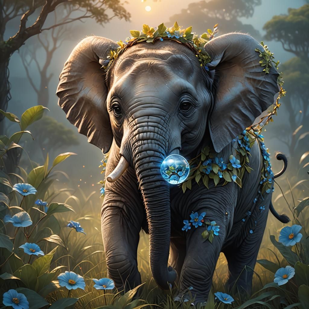Baby Elephant with Glowing Orb: Digital Matte Painting