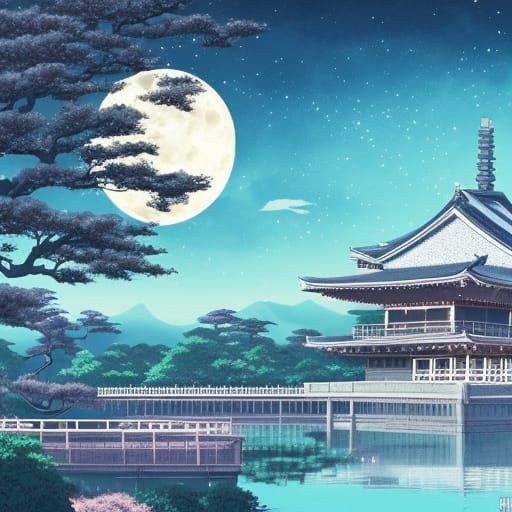 Moonlit Shinto Palace with Silver Dragons