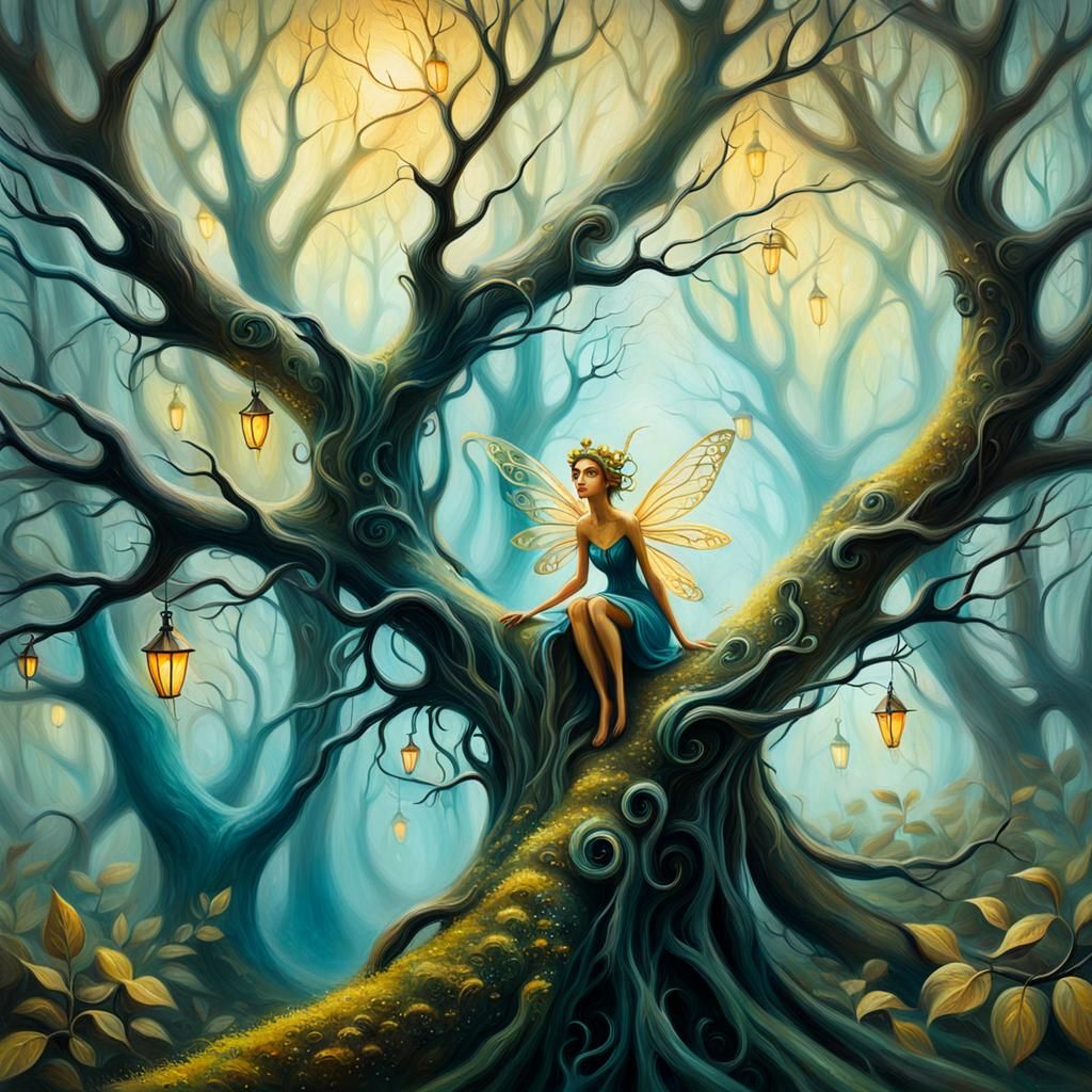 Mischievous Fairy in Enchanted Forest: Surreal Oil Painting