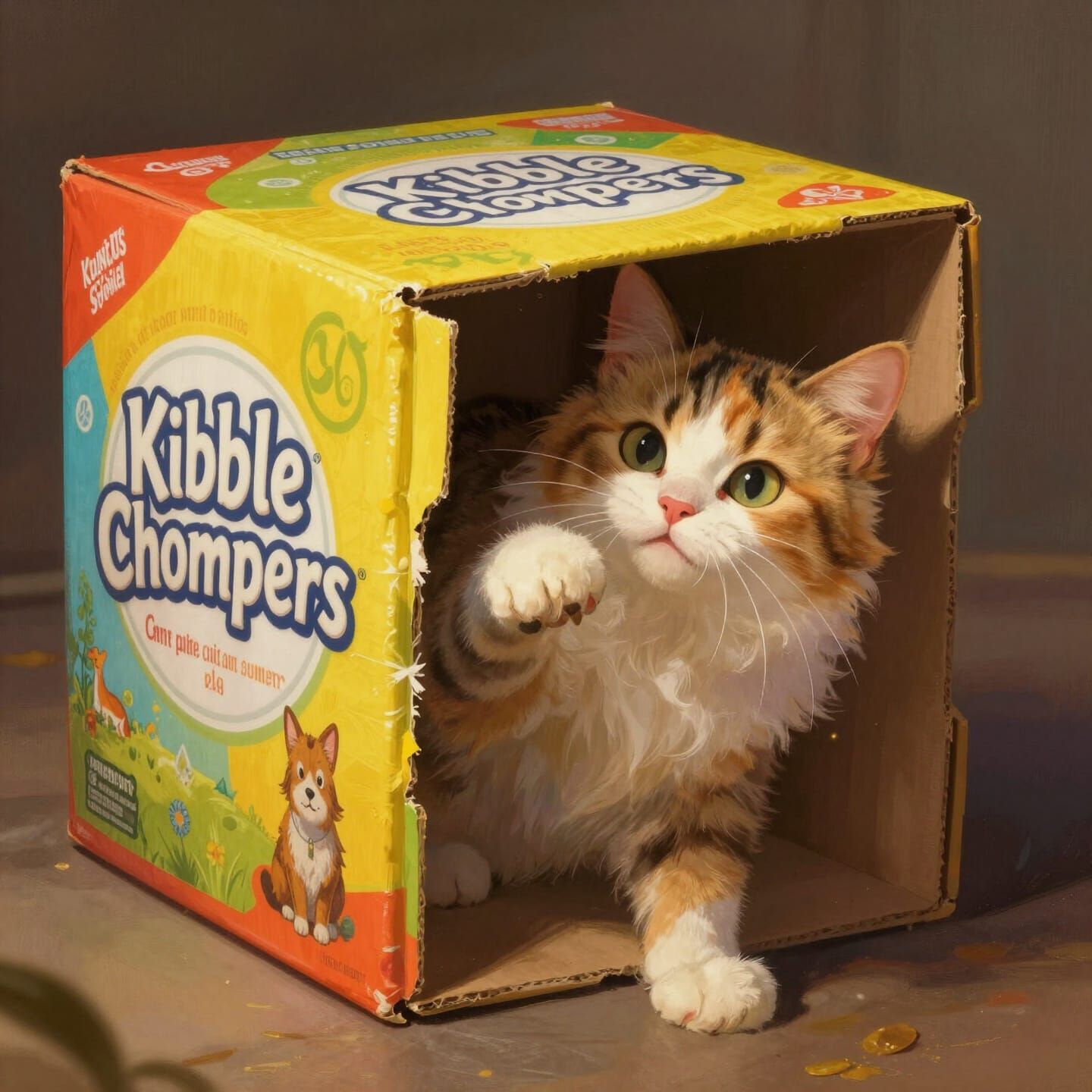 Fluffy Calico Cat Peeks Paw From Dog Food Box