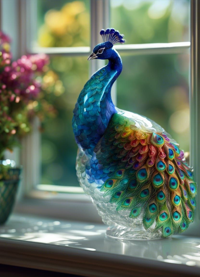 Crystal Peacock Figurine in Detailed Garden View