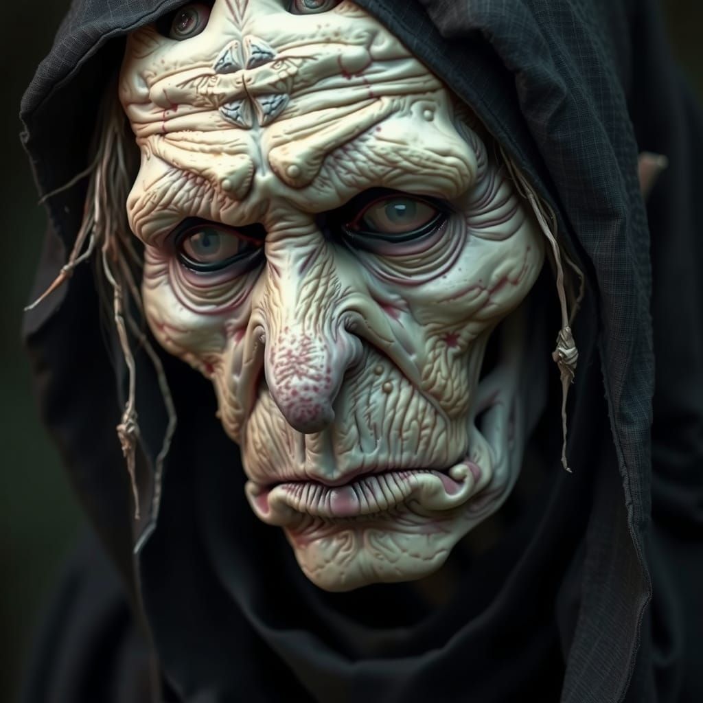 Ugly witch dressed in dark, close-up