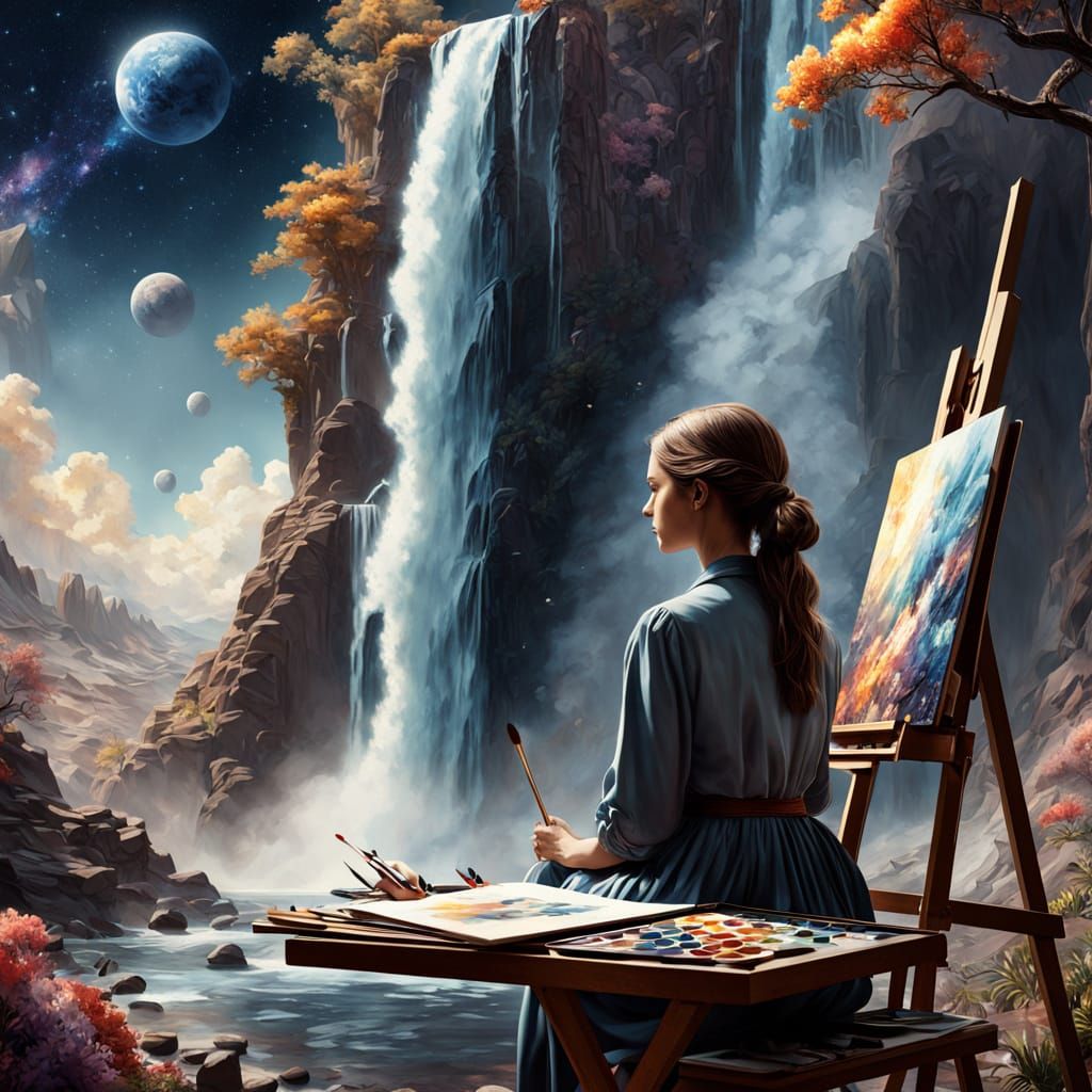 Cosmic Waterfall Painting by Artist in Watercolor Collage St...