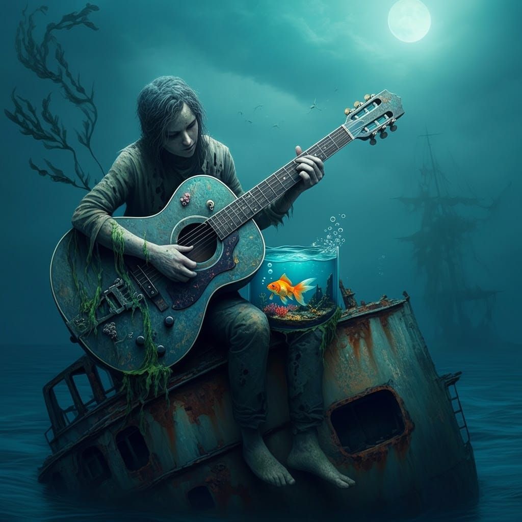 Lonesome Musician Amidst the Ruins of a Rusted Shipwreck