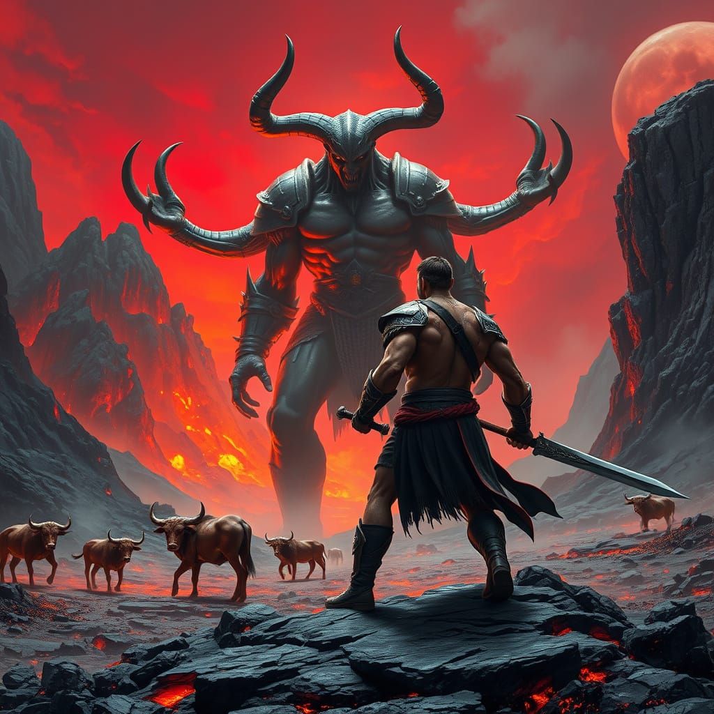 Surreal Warrior Confronts Hyperrealistic Giant in Volcanic A...