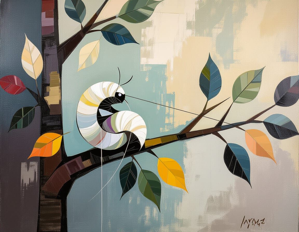 Silkworm Spinning Silk in Expressionist Style