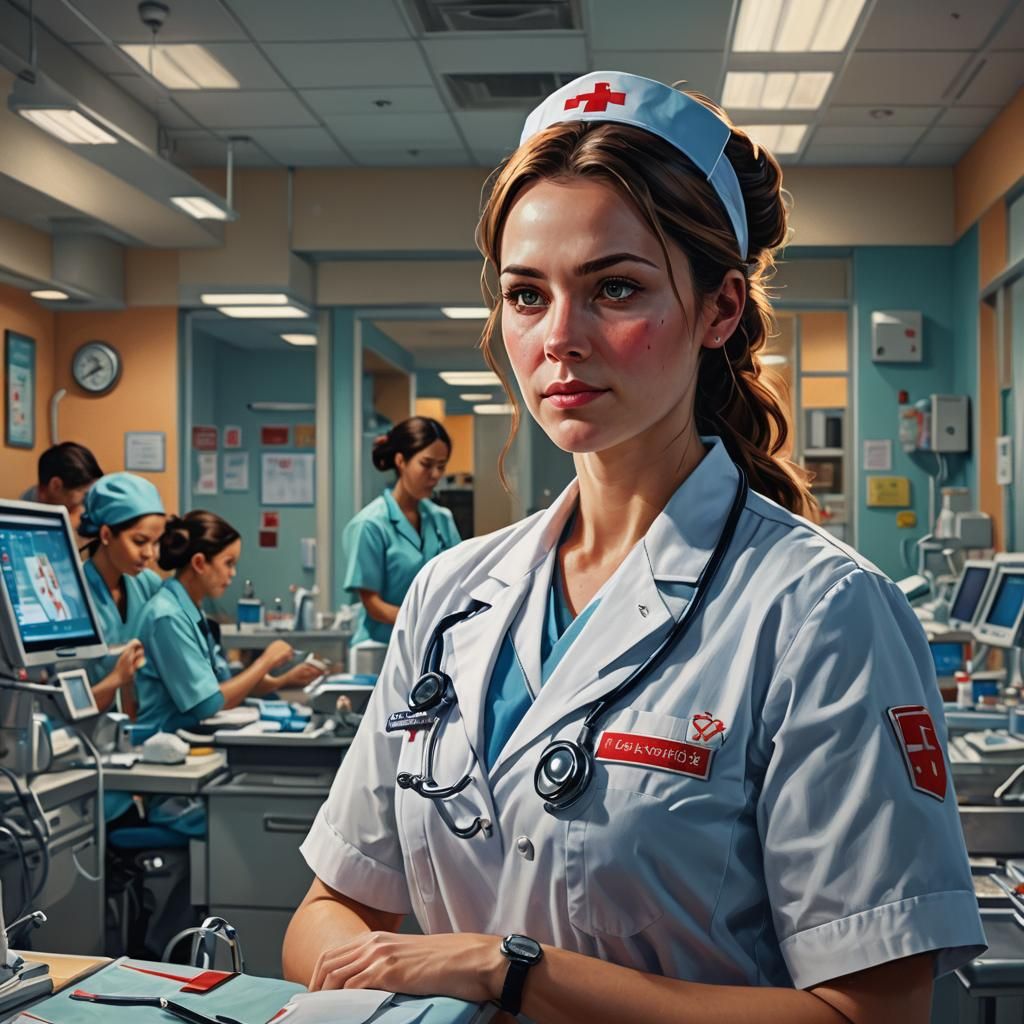 Hyperrealistic Nurse Working Nightshift in Hospital Ward