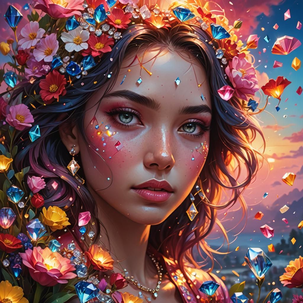 Hyperrealistic Sunset Flowers and Diamonds Splash Art