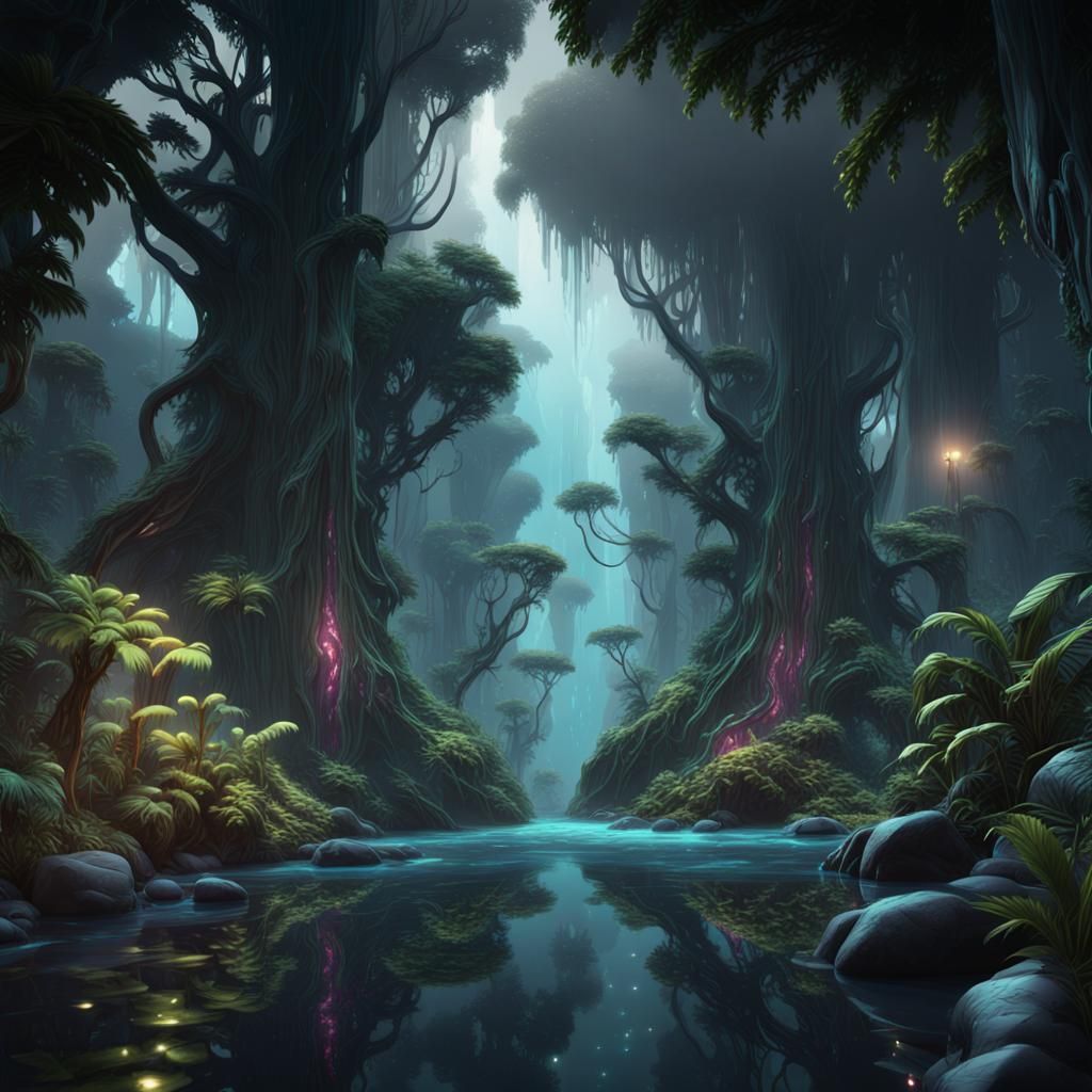 Bioluminescent Antarctic Rainforest: Fantasy Concept Art