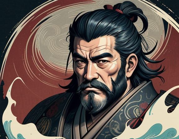 Ukiyo-e Samurai Portrait with Swirling Clouds and Waves