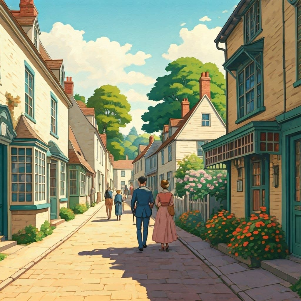 Sunny Village Scene in Norman Rockwell Style
