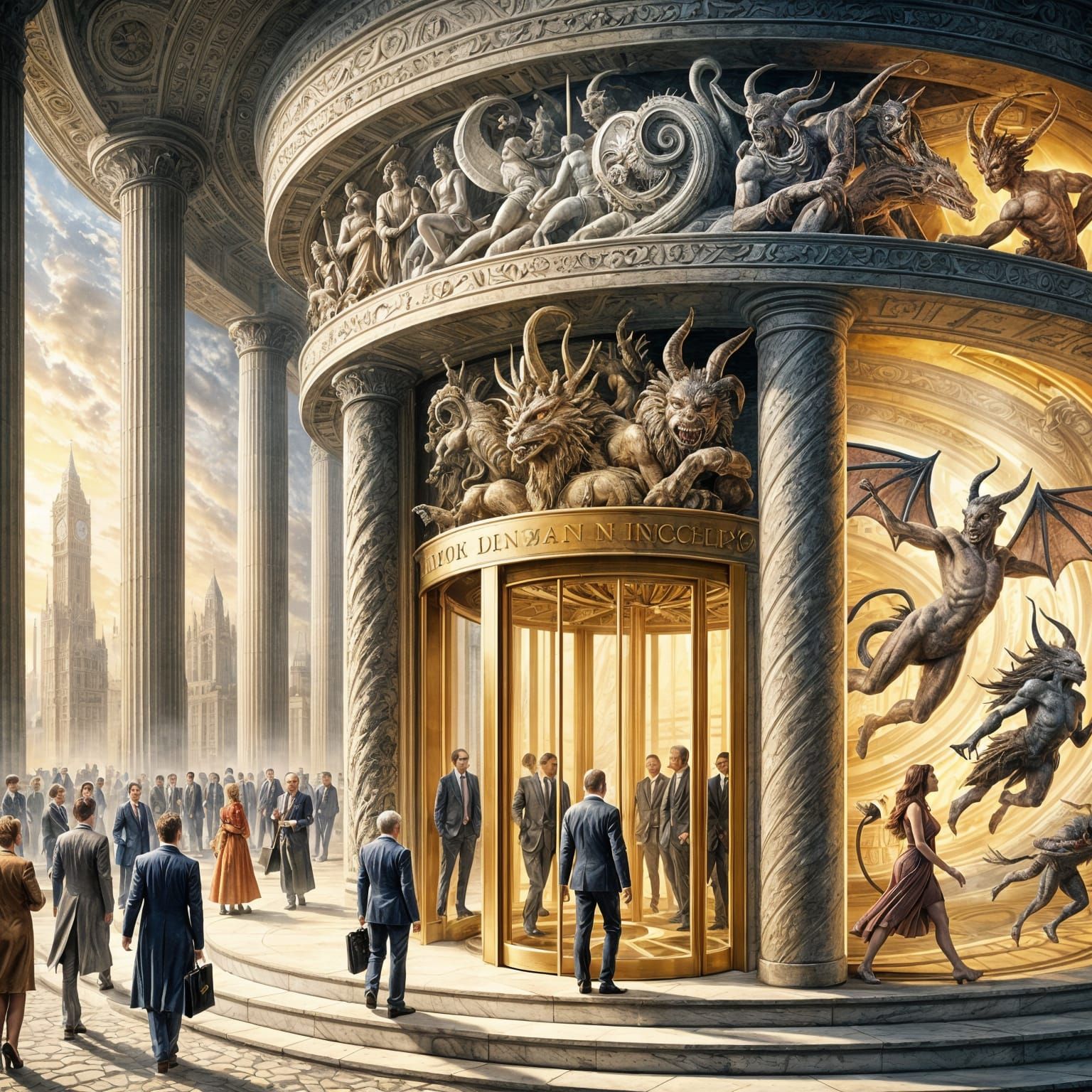 Mystical Creatures Meet Politicians in a Dreamlike Realm