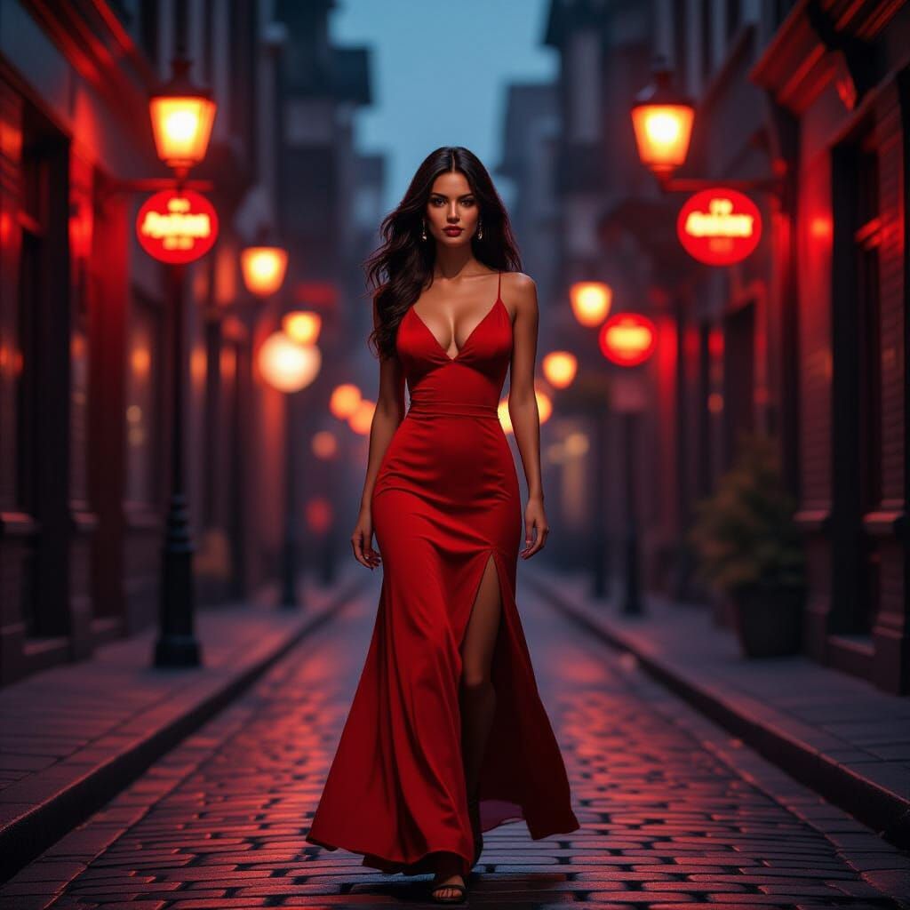 Moody Red-Light District With Stunning Woman in Crimson Ligh...