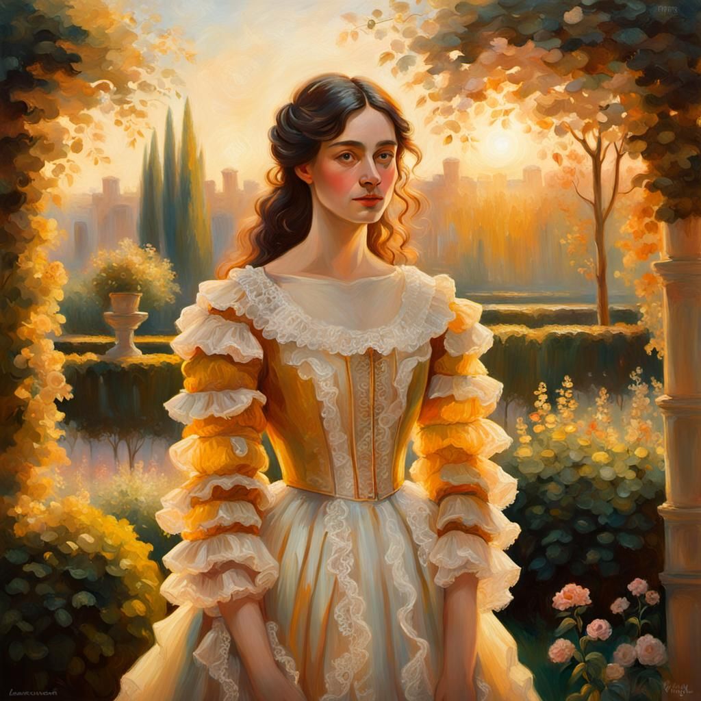 Romantic Oil Painting of Woman in Garden