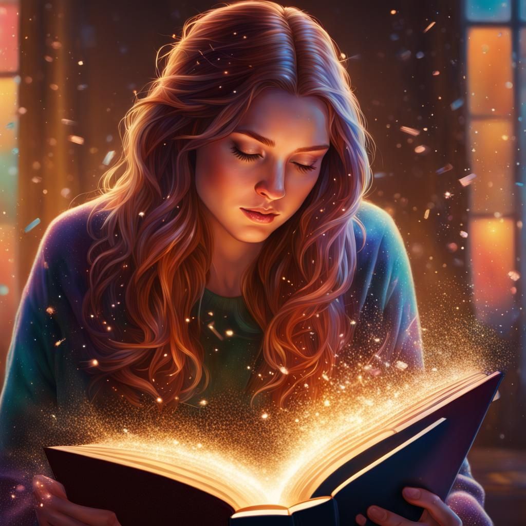 Hyperrealistic Anna Reading Book with Sparkles