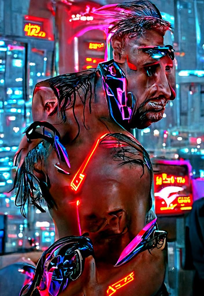 Neon Cyborg in Cyberpunk Cityscape