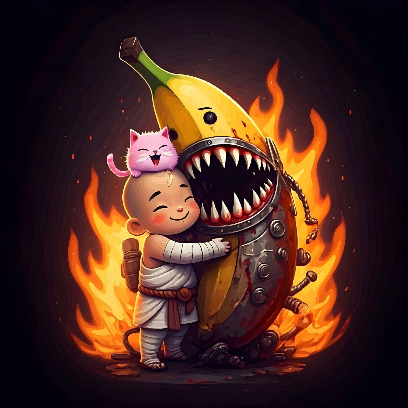 Monk Hugging Banana Monster with Kitten, Matte Painting