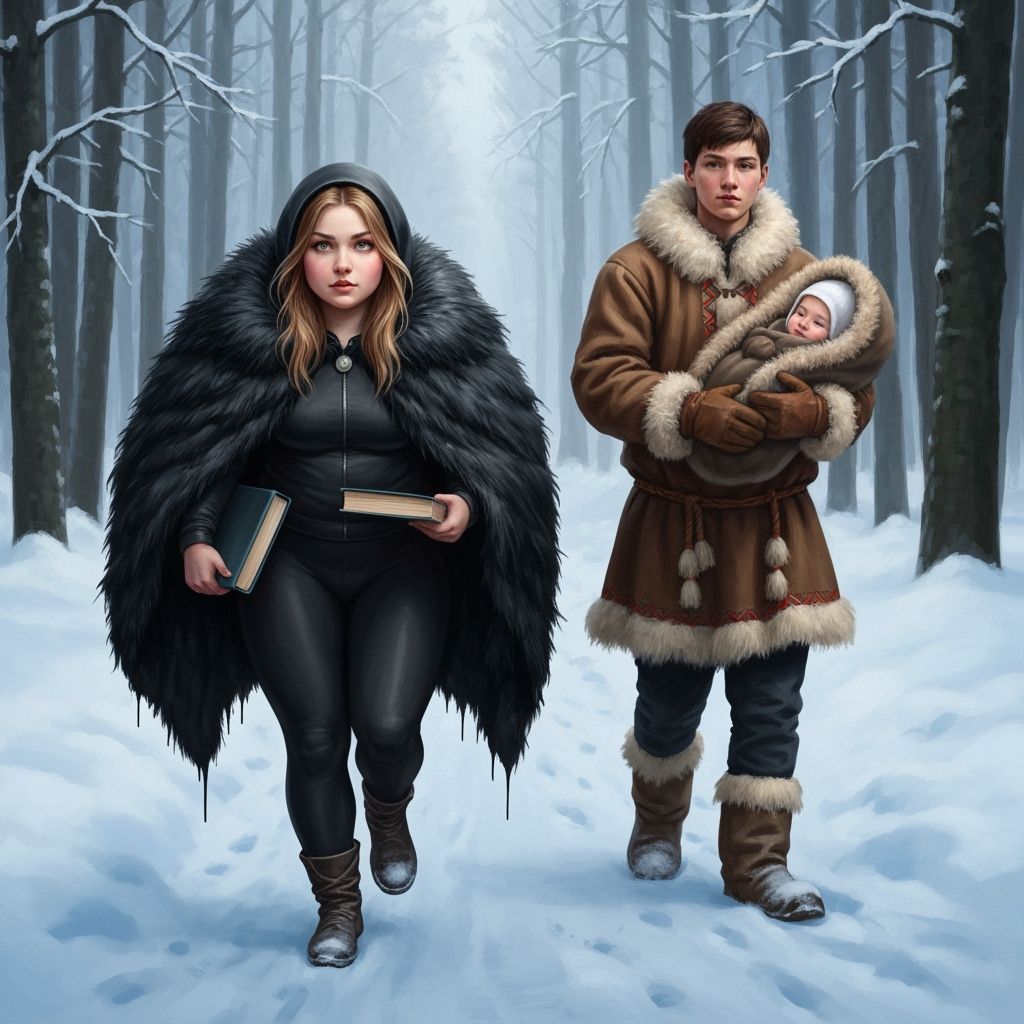 Obese Woman and Man in Snowy Forest with Baby