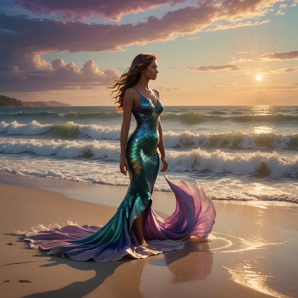 Girl in Mermaid Dress on Beach, Digital Painting