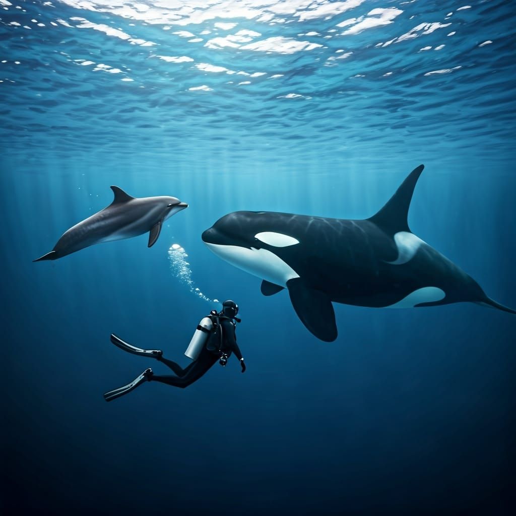 Diver's Peaceful Encounter with Dolphin and Orca
