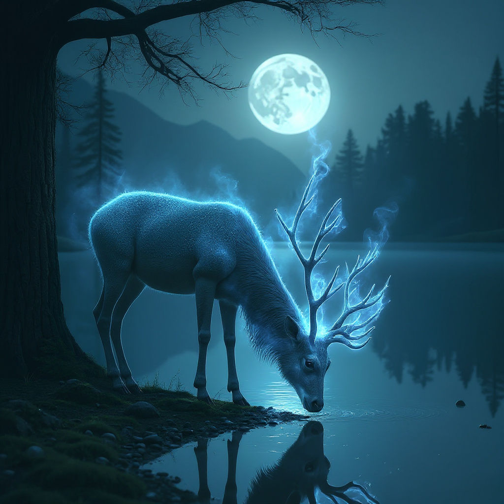 Deer Drinking by Lake with Shamanistic Haze