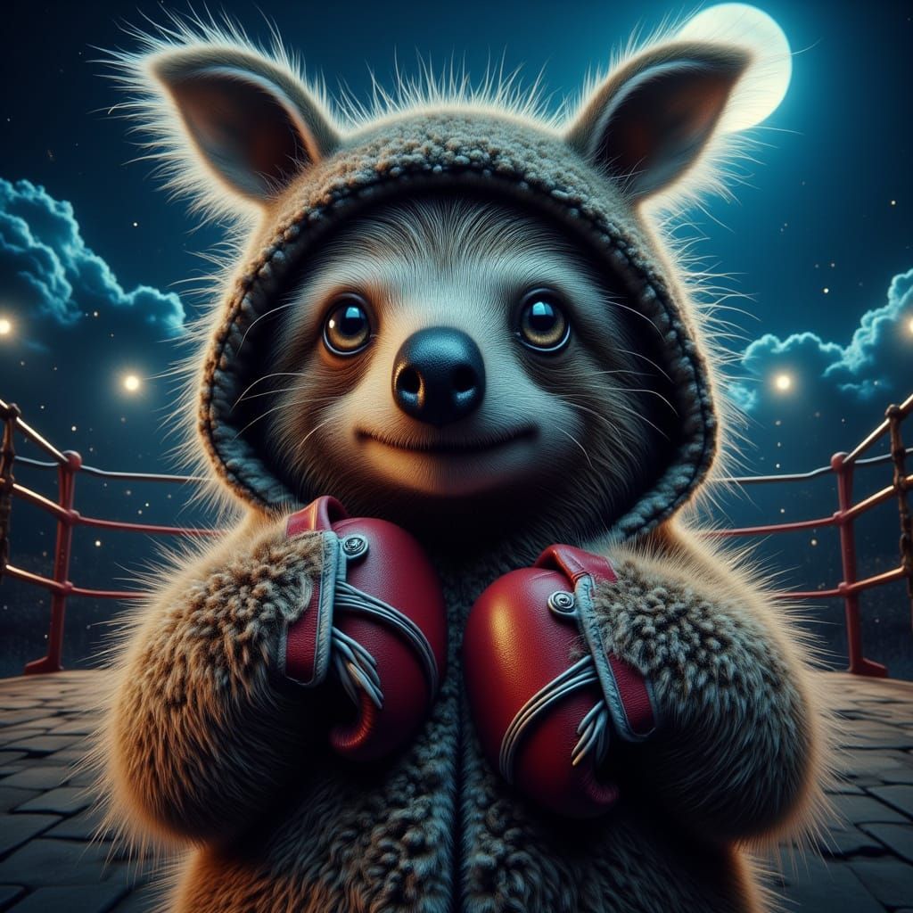 Sloth in Kangaroo Hoodie in Moonlit Boxing Ring