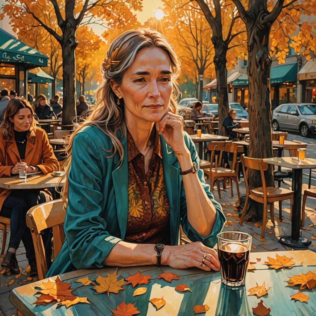 Sad Woman in Cafe with Girl in Autumnal Light